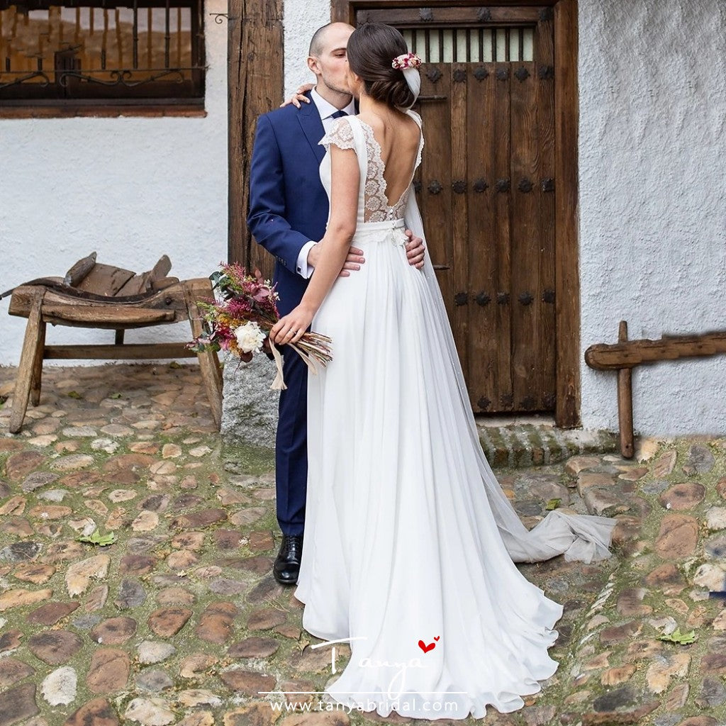 Cape Sleeve A Line Lace Edge Backless Wedding Dress ZW368 – TANYA BRIDAL