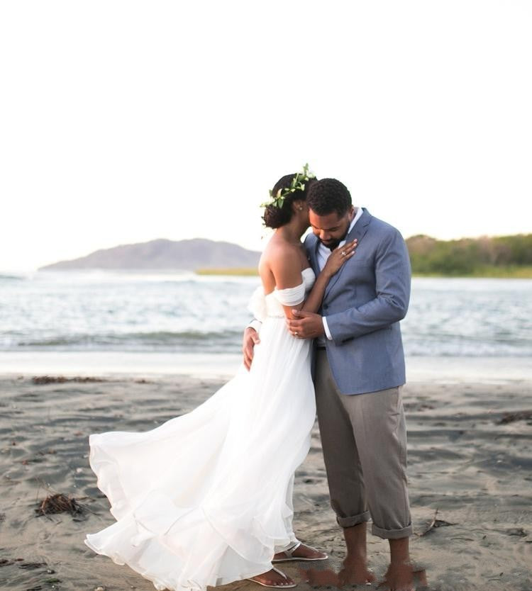 White Beach Wedding Dresses A-Line with Beaded Waist – TANYA BRIDAL