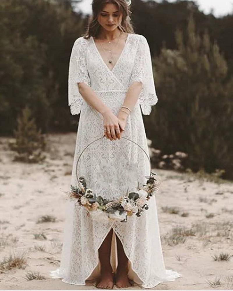 Beach Wedding Dresses Bohemian Lace 2020 Deep V Neck Country A Line Br ...