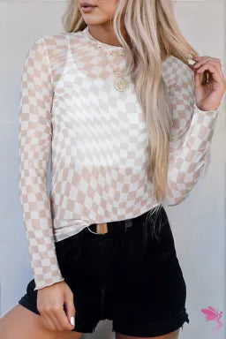 Khaki Checkered Pattern Mesh Mock Neck Long Sleeve Top - LECCE 
