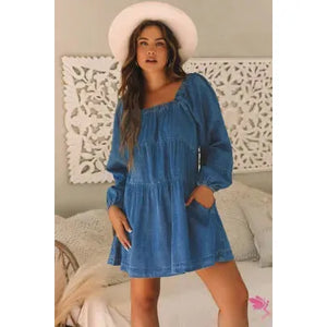 Dusk Blue Square Neck Side Pockets Loose Fit Denim Mini Dress - LECCE 