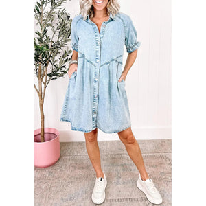 Beau Blue Mineral Wash Ruffled Short Sleeve Buttoned Denim Dress - LECCE 
