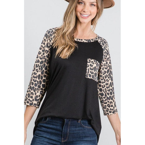 Solid and animal print contrast top