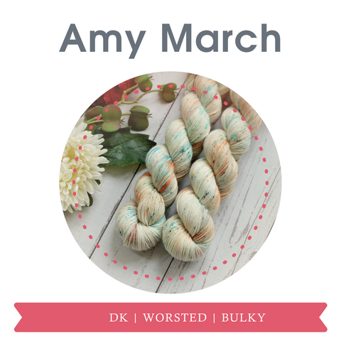 Amy March hand dyed yarn in dk, worsted, and bulky weight