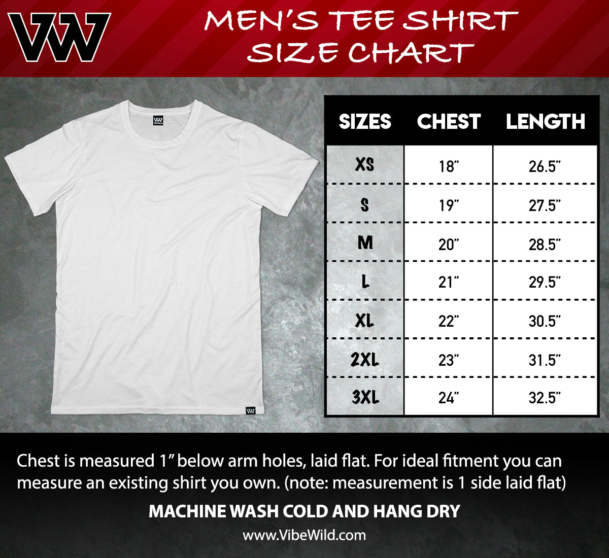 Vibe Wild Men's Tee Shirt Size Chart