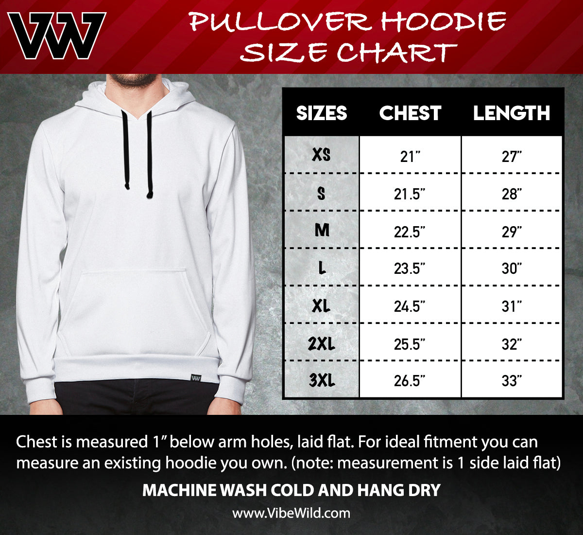 Vibe Wild Pullover Hoodie Size Chart