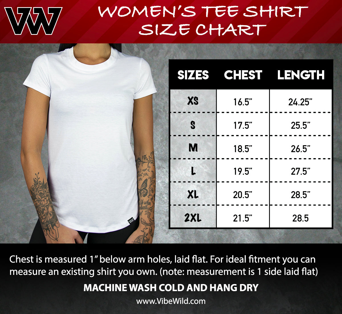 Vibe Wild Women's Tee Shirt Size Chart