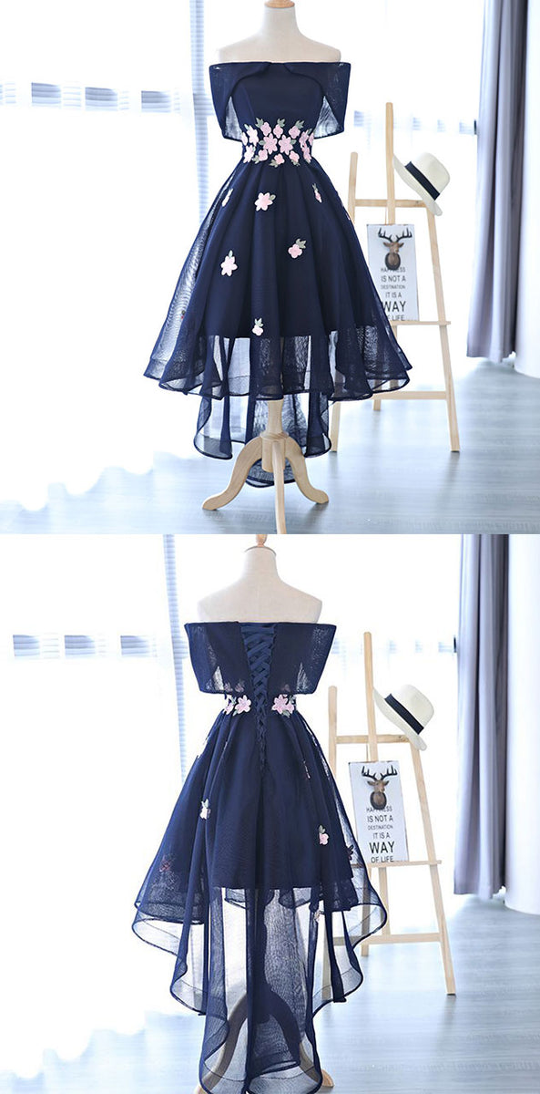 Charming Navy Blue Tulle Party Dress with Flowers, Cute Prom Dress ...