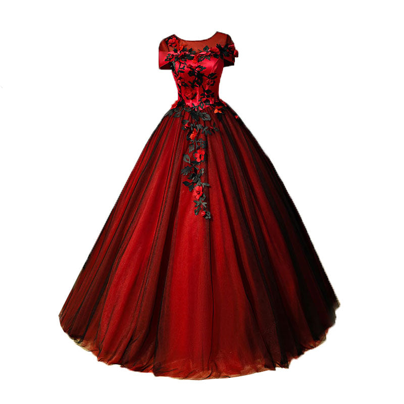 Glam Red and Black Flowers Cap Sleeves Ball Gown Sweet 16 Dress, Princ ...
