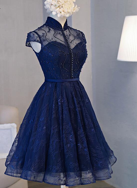 Beautiful Navy Blue Knee Length Lace Party Dress, Homecoming Dress ...