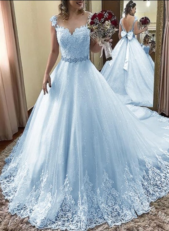 Light Blue Beautiful Shiny Tulle with Lace Round Neckline Formal Dress ...