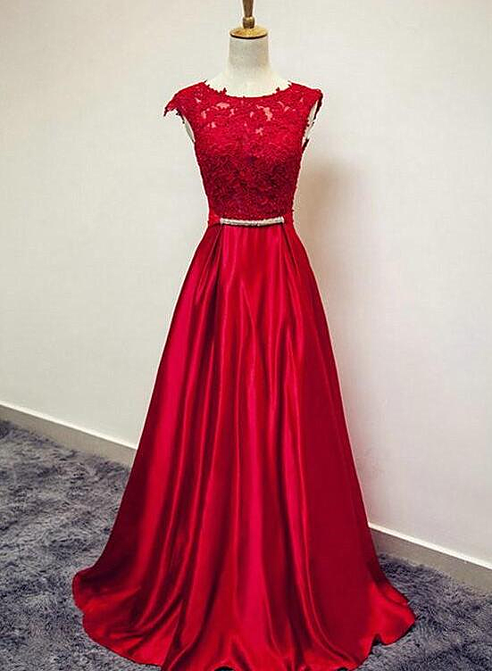 Beautiful Red Satin and Lace Round Neckline Evening Gown, A-line Forma ...