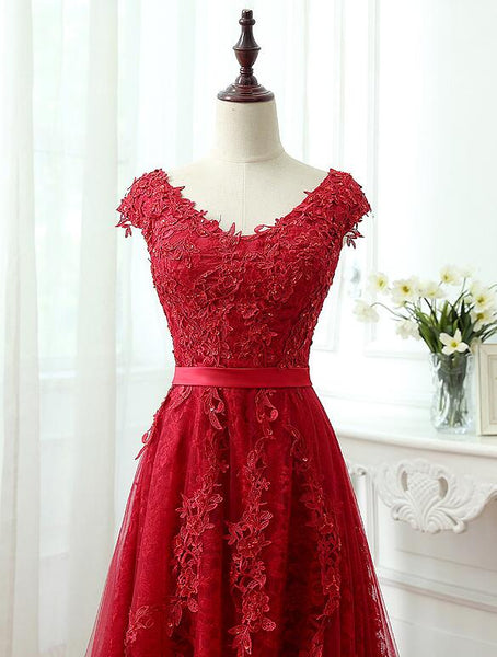 Charming Dark Red Lace A-line Long Prom Dress, Beautiful Red Evening G ...