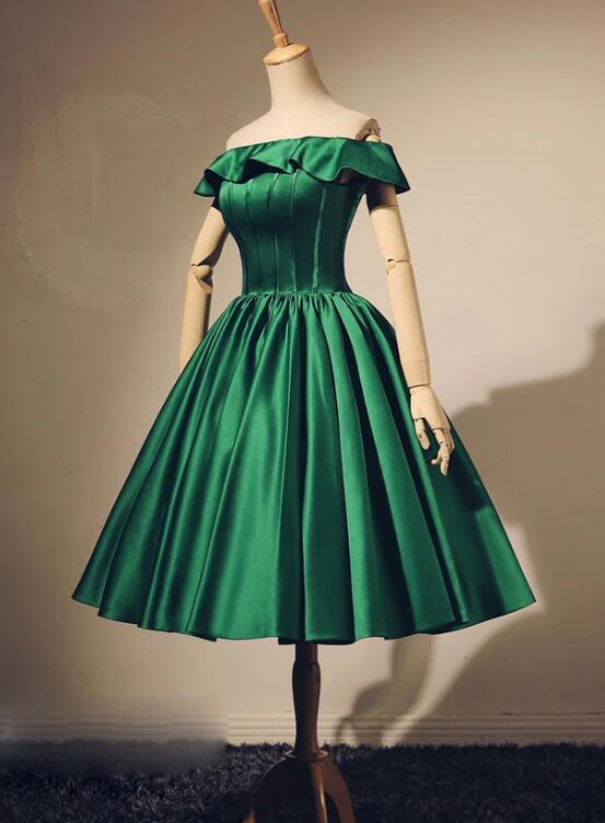 Lovely Green Satin Off Shoulder Knee Length Homecoming Dress, Short Pr ...