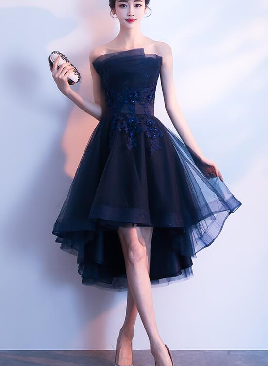 Charming Navy Blue High Low Party Dress, Lace Applique Prom Dress ...