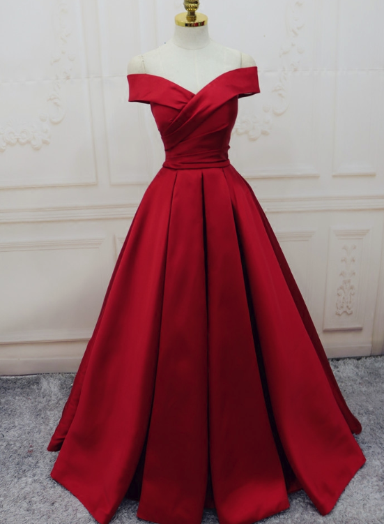 Red Satin Off Shoulder Handmade Long Formal Dress, Beautiful Handmade ...