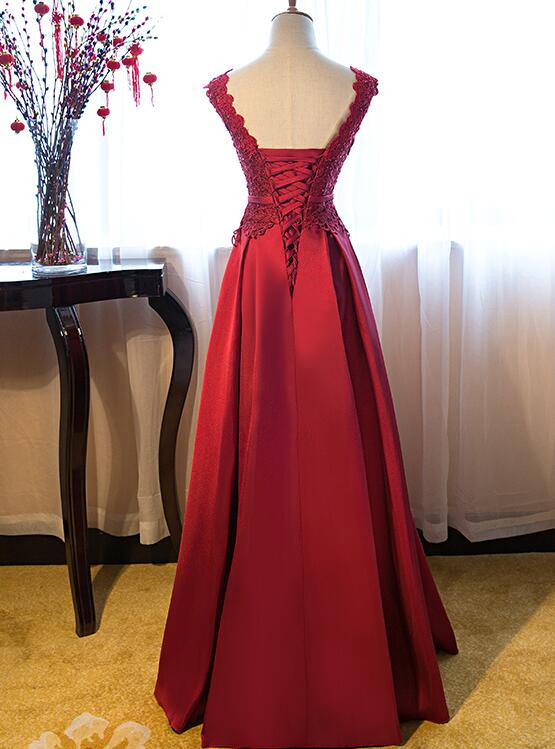 Beautiful Dark Red Lace Long Junior Prom Dress, Lace Top Party Dress ...