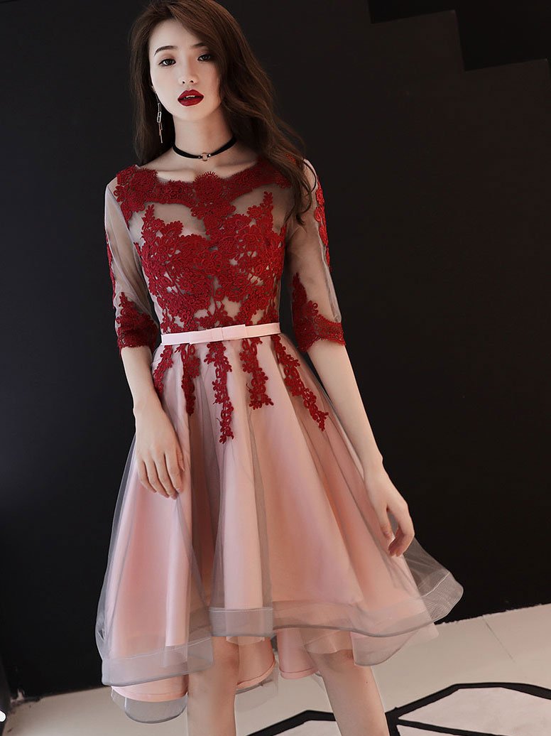 Red and Pink Tulle with Lace Short Sleeves Party Dress, High Low Homec ...