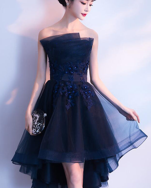 Charming Navy Blue High Low Party Dress, Lace Applique New Style Prom ...