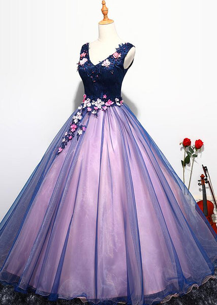 Lovely Organza Pink and Blue Flowers Sweet 16 Gown, Long Formal Gown