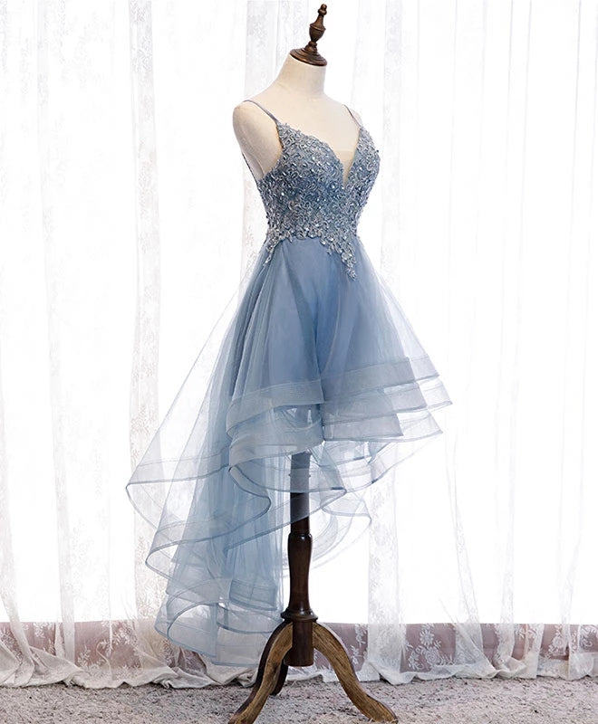 Blue High Low Tulle V-neckline Straps Party Dress with Lace, Cute Home ...