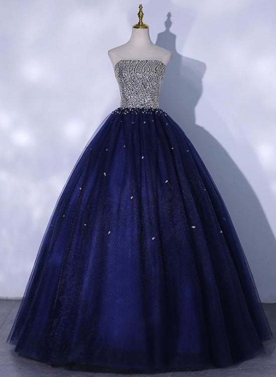 Blue Sequins and Beaded Ball Gown Tulle Lace-up Formal Dress,Blue Even ...