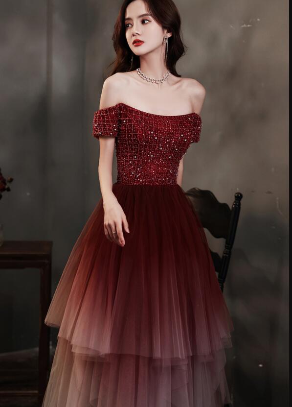 Charming Dark Red Gradient Tulle Beaded Formal Dress Party Dress, Laye ...