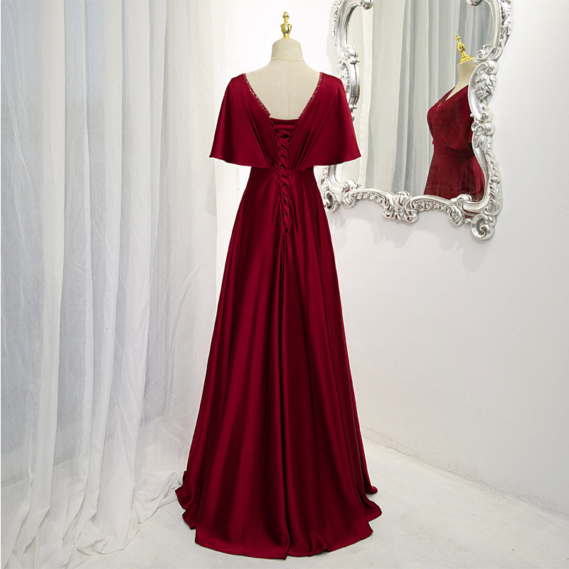 Dark Red Satin A-line Floor Length Evening Dress, Wine Red Wedding Par ...