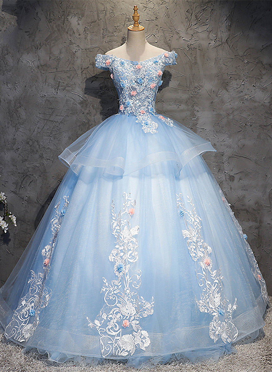 Glam Blue Ball Gown Tulle with Lace and Flowers Sweet 16 Dress, Blue F ...