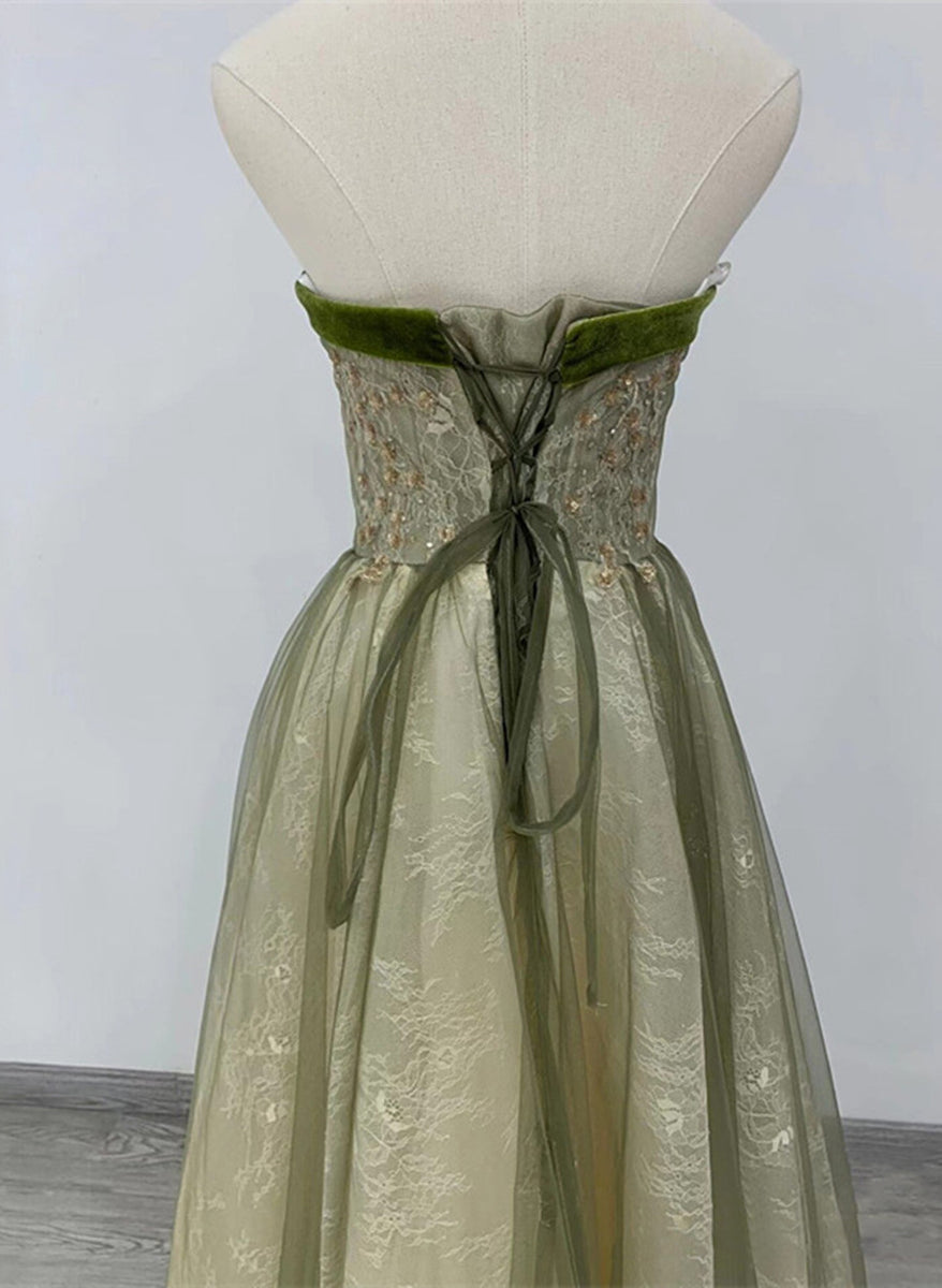 Light Green A-line Sweetheart Long Formal Dress, Green Lace Prom Dress ...