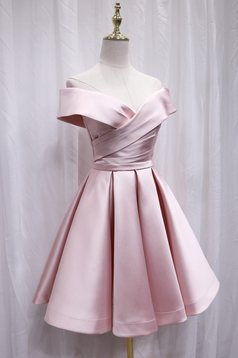 Cute Satin Pink Sweetheart Off Shoulder Knee Length Party Dress, Short ...