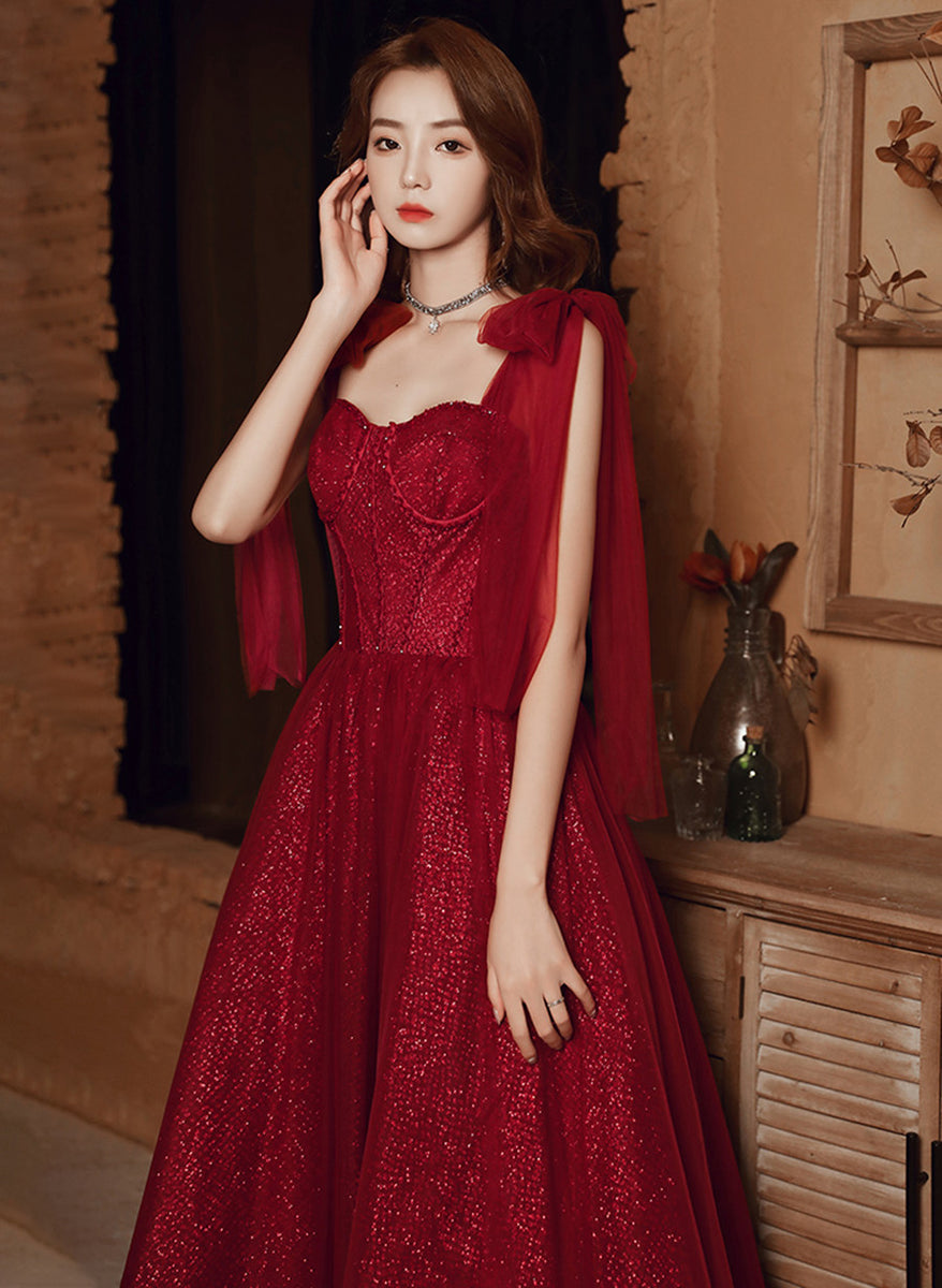 Wine Red Straps Sweetheart Shiny Tulle Party Dress, A-line Wine Red Fo ...