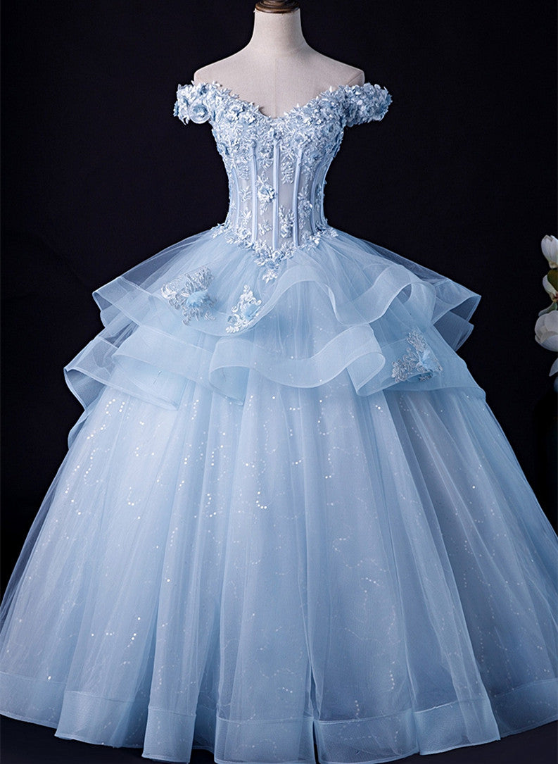 Blue Tulle Ball Gown Off Shoulder Layers Sweet 16 Dress, Blue Formal D ...