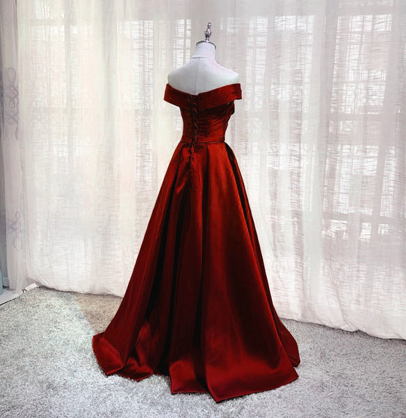 Wine Red Floor Length Off Shoulder Wedding Party Dress, Dark Red Prom ...