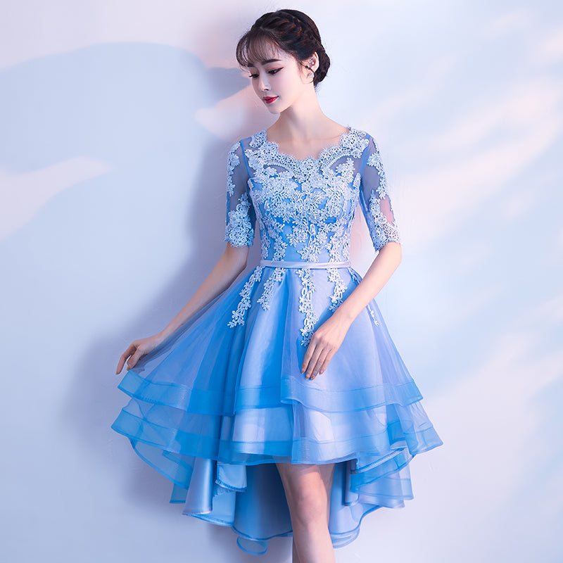 Blue High Low Tulle Party Dress , Cute Tulle Formal Dress with Lace Ap ...