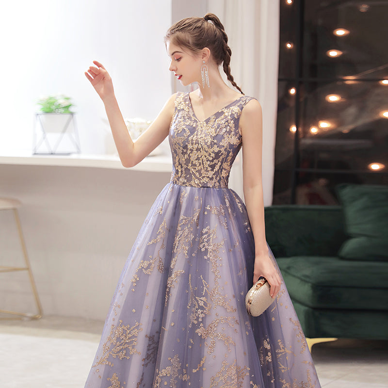 Purple V-neckline with Gold Lace Applique Tulle Prom Dress, A-line Pur ...