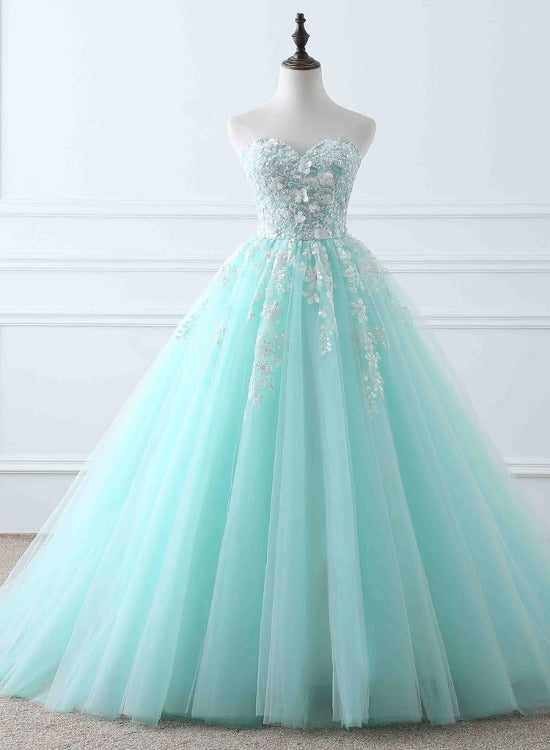 Charming Mint Green Tulle Ball Gown Sweet 16 Dress, Lace Applique Prom ...