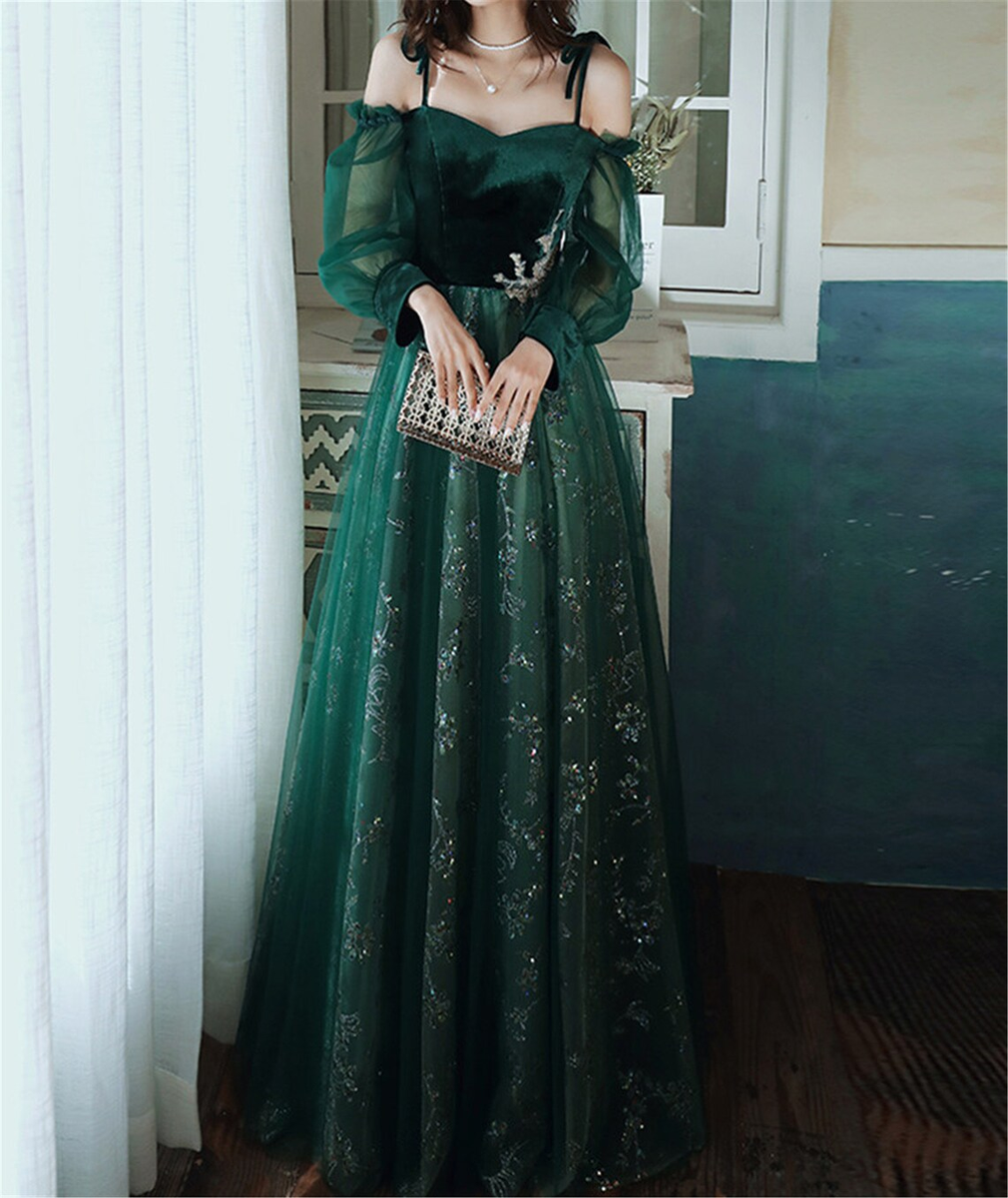 Dark Green Tulle Stunning Sequin Spaghetti Straps Prom Dress, Green Pa ...