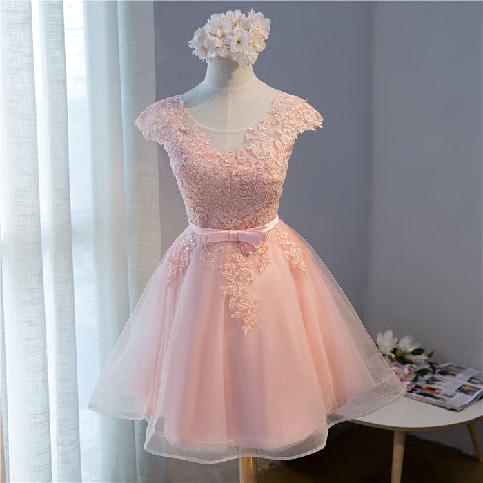 Pink Lovely Cap Sleeves Knee Length Formal Dress, Pink Tulle Prom Dres ...