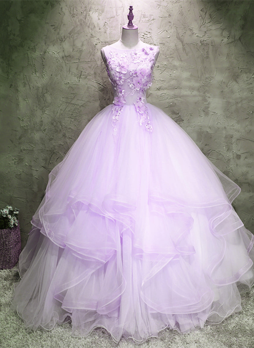 Lavender Tulle with Flowers Ball Gown Sweet 16 Dress, Lavender Long Fo ...