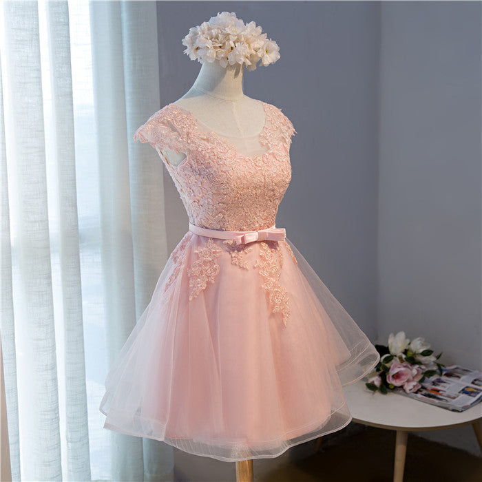 Pink Lovely Cap Sleeves Knee Length Formal Dress, Pink Tulle Prom Dres ...
