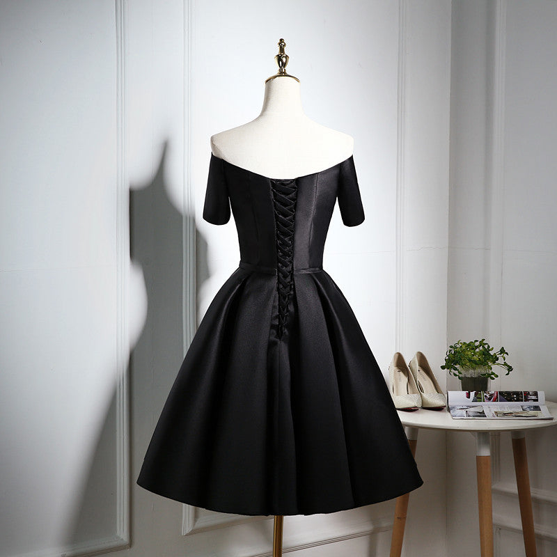 Lovely Black Satin Short Prom Dress, Black Party Dress – BeautyDressy