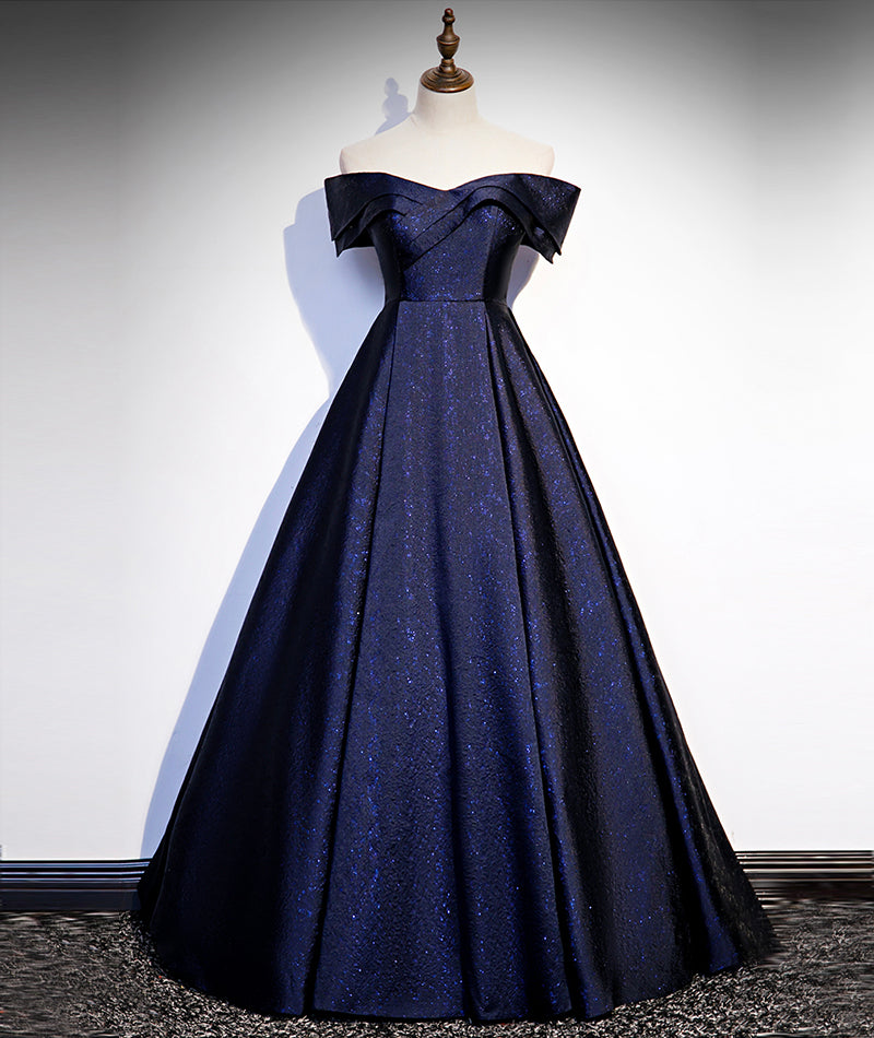 Navy Blue Satin Off Shoulder Long Prom Dress, Blue A-line Formal Dress ...