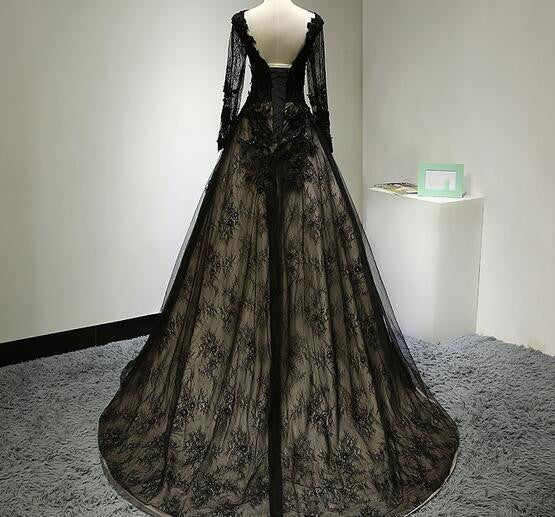 Beautiful Black Long Sleeves Lace Prom Dress, Black Evening Gown ...