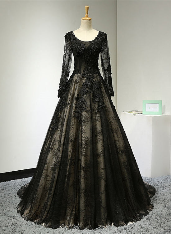 Beautiful Black Long Sleeves Lace Prom Dress 2020, Black Evening Gown ...