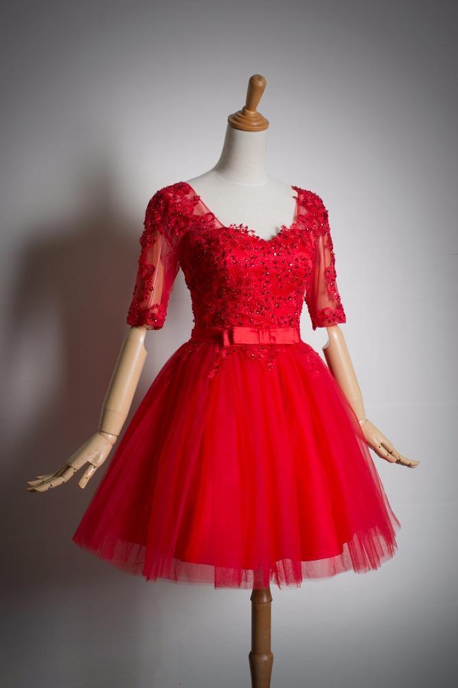 Red Lace Short Sleeves Tulle Knee Length Party Dresses, Red Short Form ...
