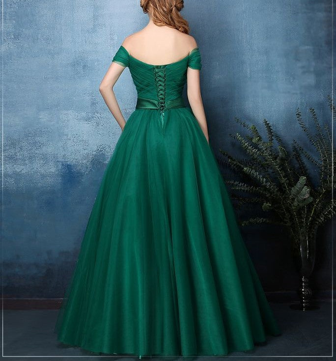 Dark Green Off Shoulder Sweetheart Tulle Prom Dress, Green Evening Dre ...