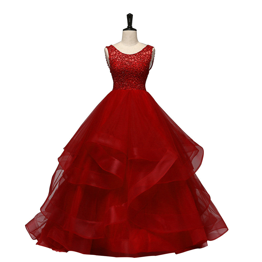Wine Red Tulle with Lace Layers Ball Gown Sweet 16 Dress, Long Formal ...