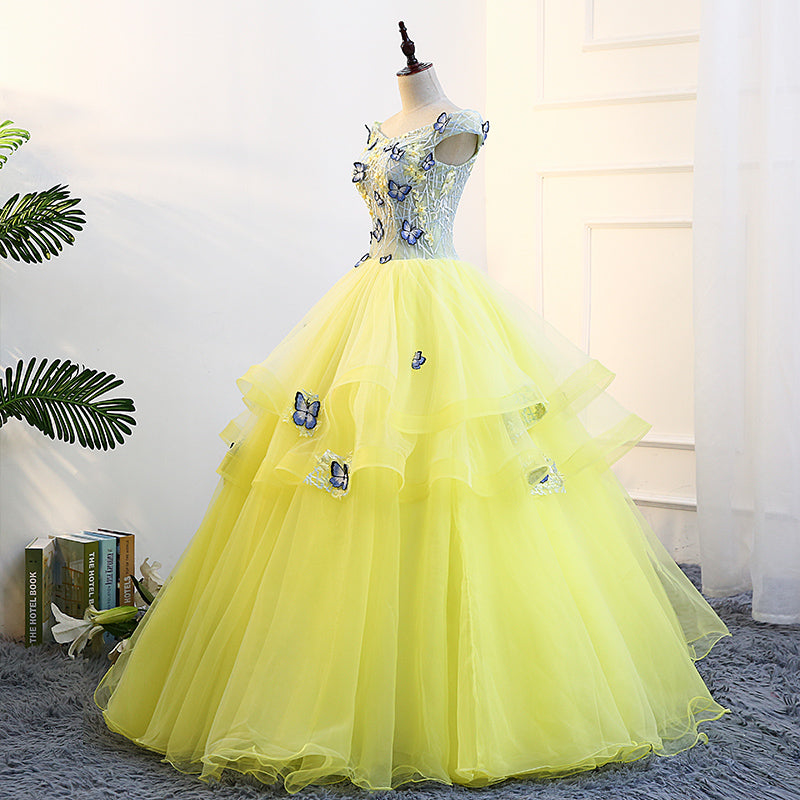 Beautiful Yellow Tulle Cap Sleeves Prom Dress, Ball Gown Sweet 16 Dres ...