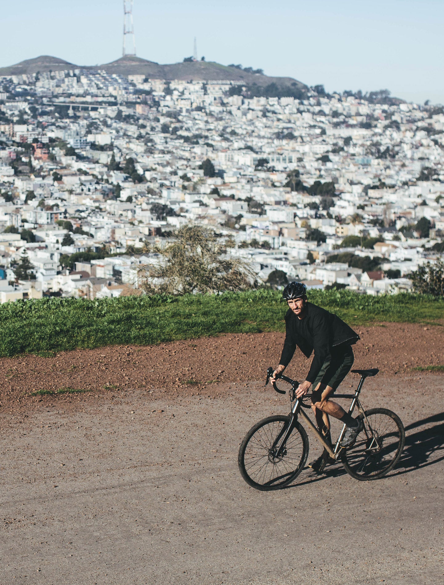 Hello Jimmy! There he is, riding a bicycle in Bernal, San Francisco. Helmet in, and for good reason! Don't take a spill!